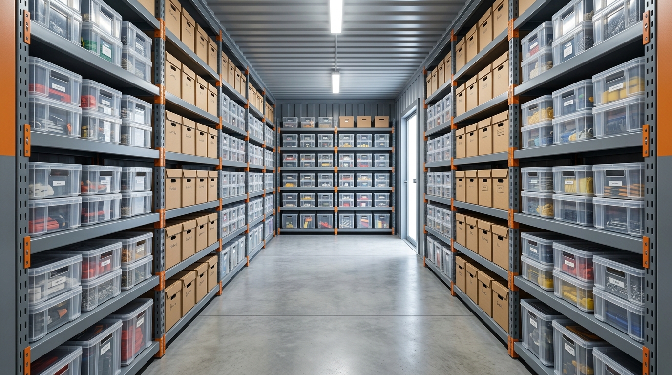 Immaculately organized storage container unit interior with industrial shelving, labelled stackable totes, and central walkway